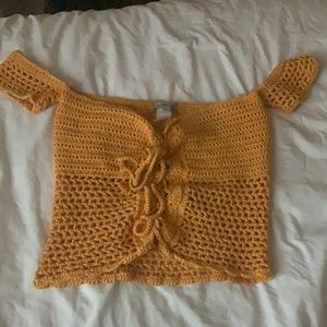 yellow crocheted off the shoulder top